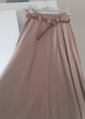 Bej Kadın Keten Uzun Drapeli Etek - Görsel 4