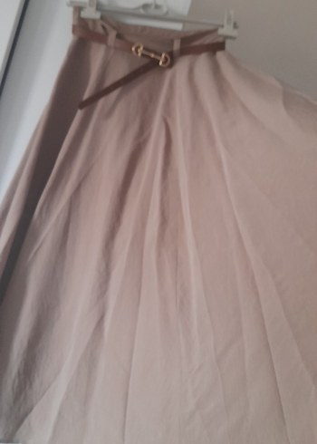 Bej Kadın Keten Uzun Drapeli Etek - Görsel 6