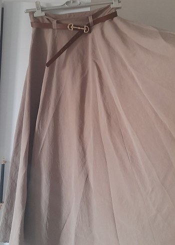 Bej Kadın Keten Uzun Drapeli Etek - Görsel 7