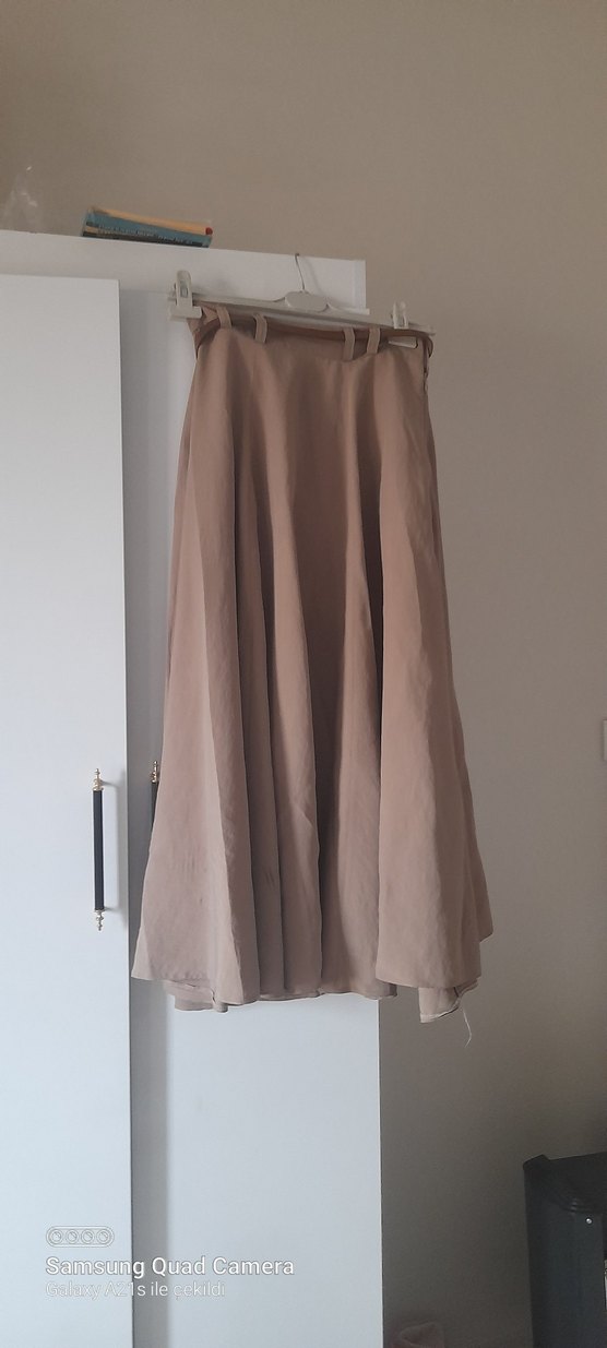 Bej Kadın Keten Uzun Drapeli Etek - Görsel 2