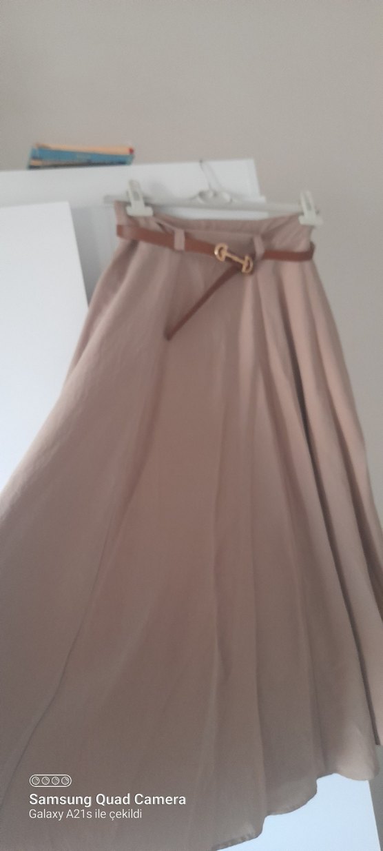 Bej Kadın Keten Uzun Drapeli Etek - Görsel 4