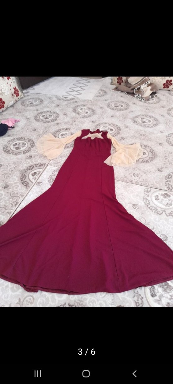 Bordo Drapeli Uzun Abiye Elbise - Görsel 4