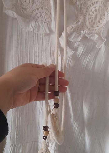 Püsküllü Beyaz Uzun Keten Elbise - Görsel 3