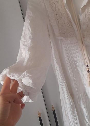 Püsküllü Beyaz Uzun Keten Elbise - Görsel 2