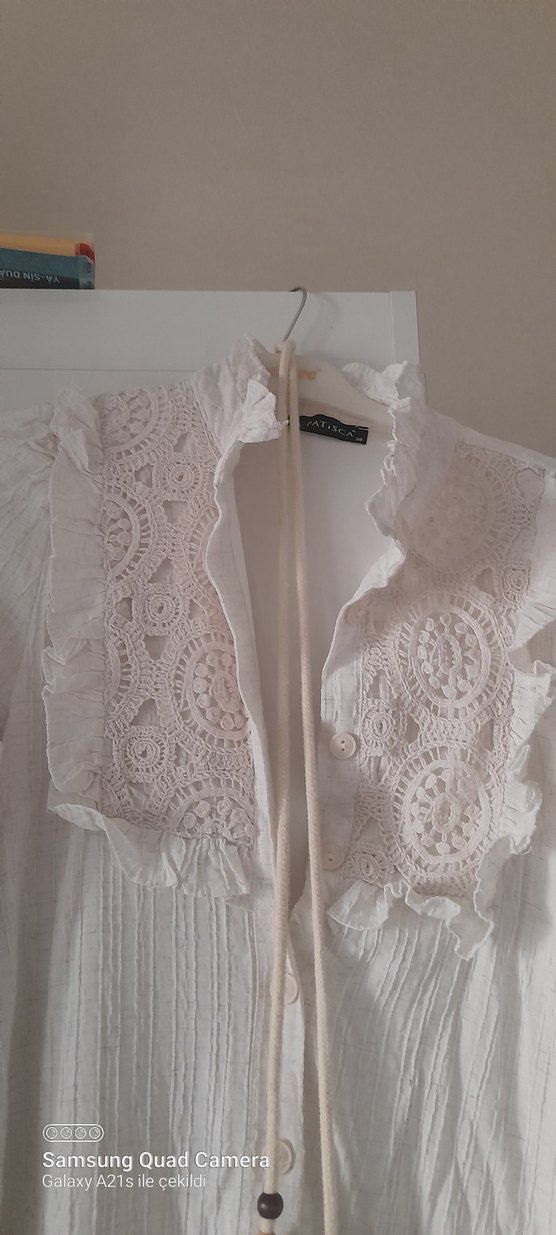 Püsküllü Beyaz Uzun Keten Elbise - Görsel 4