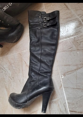 Siyah Deri Tokalı Dizüstü Kadın Çizme - Görsel 5