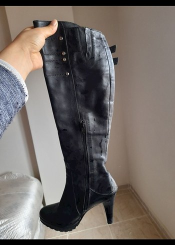 Siyah Deri Tokalı Dizüstü Kadın Çizme - Görsel 6