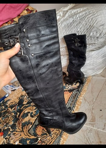 Siyah Deri Tokalı Dizüstü Kadın Çizme - Görsel 2