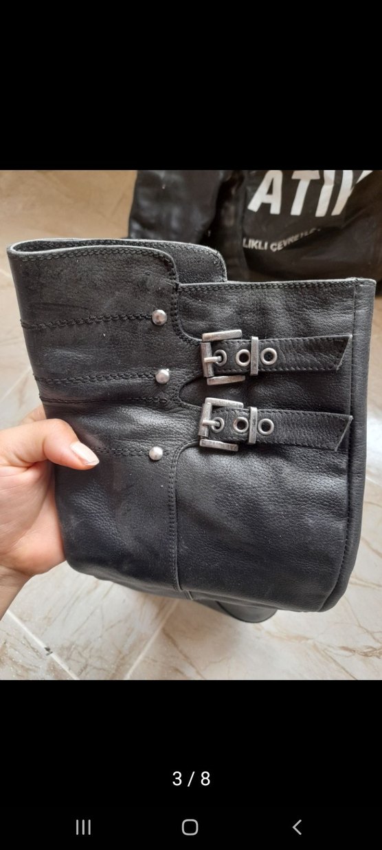 Siyah Deri Tokalı Dizüstü Kadın Çizme - Görsel 3