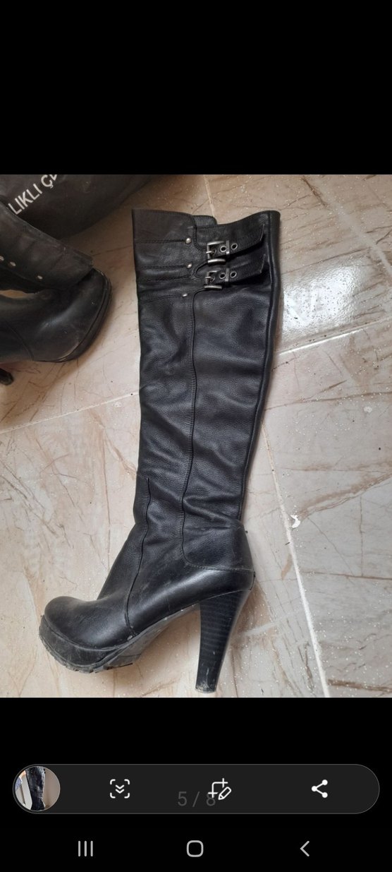 Siyah Deri Tokalı Dizüstü Kadın Çizme - Görsel 5