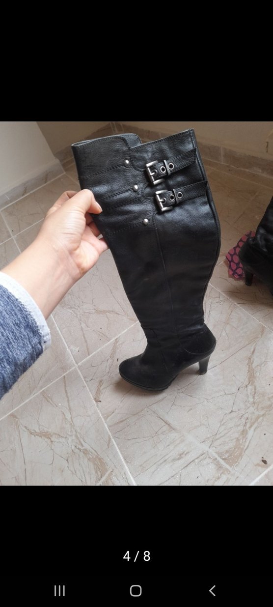 Siyah Deri Tokalı Dizüstü Kadın Çizme - Görsel 4