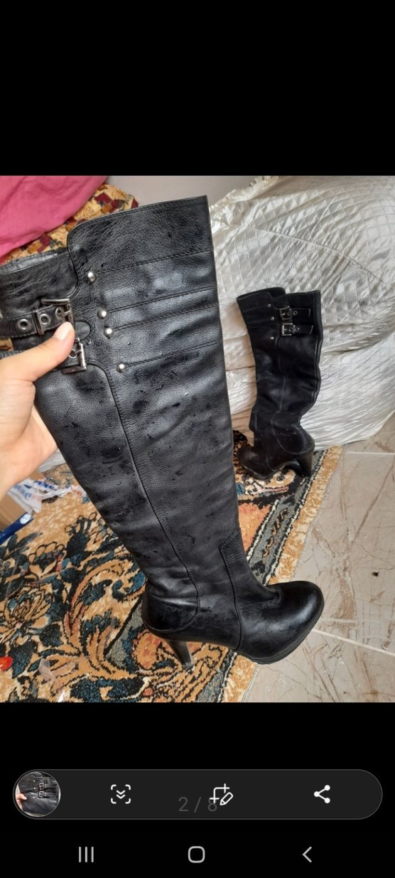 Siyah Deri Tokalı Dizüstü Kadın Çizme - Görsel 2