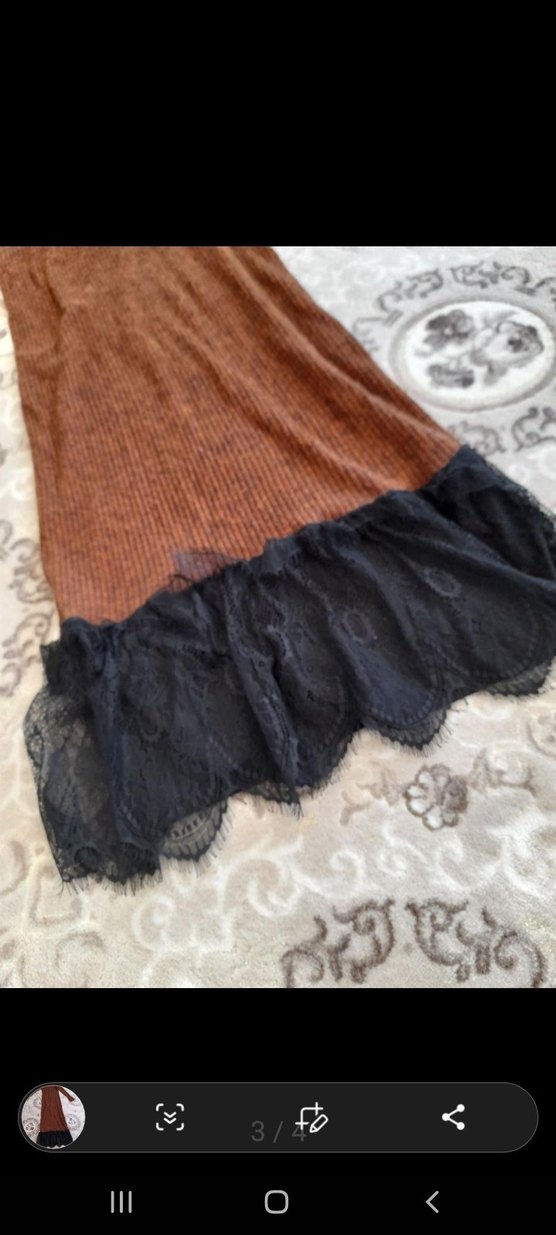 Kahverengi Triko Uzun Elbise Siyah Dantel Detaylı - Görsel 2