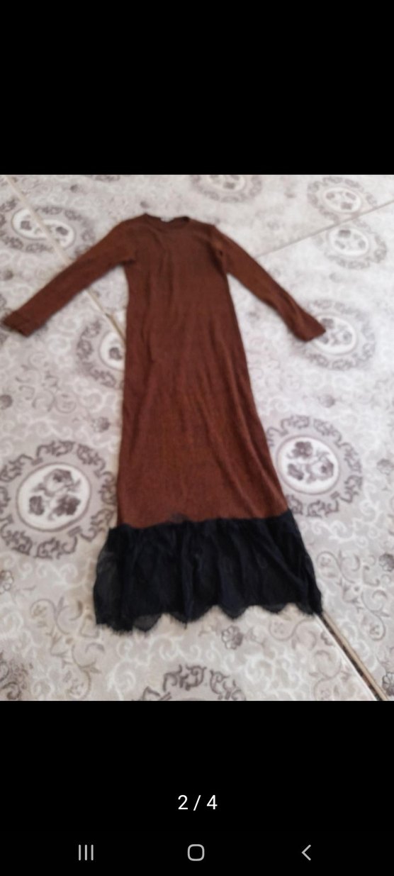 Kahverengi Triko Uzun Elbise Siyah Dantel Detaylı - Görsel 3