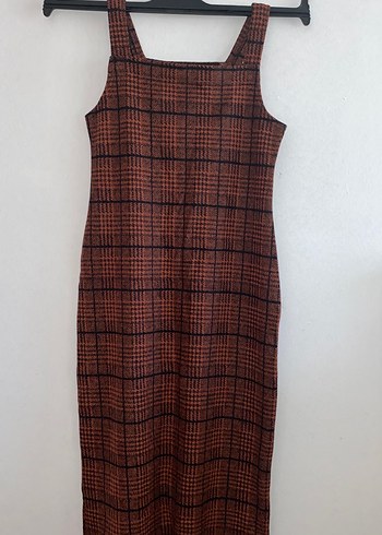 Kahverengi Kareli Örgü Uzun Elbise - Görsel 4