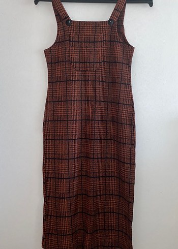 Kahverengi Kareli Örgü Uzun Elbise - Görsel 2