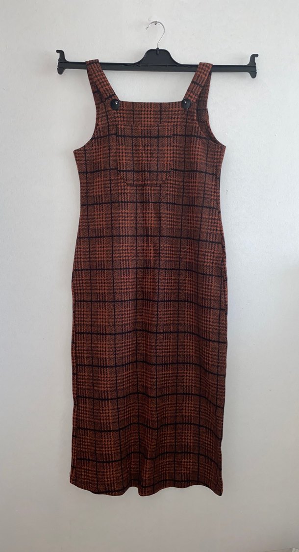 Kahverengi Kareli Örgü Uzun Elbise - Görsel 2