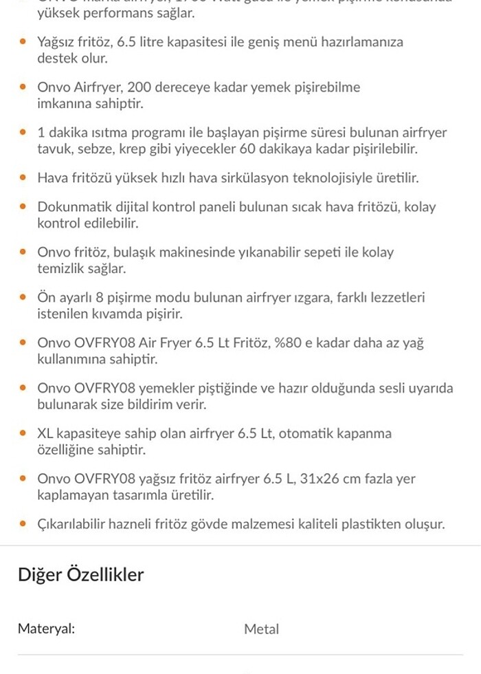 Onvo 6,5 Litre AirFryer - Görsel 4