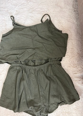 Yeşil Keten Mini Tulum - Görsel 4