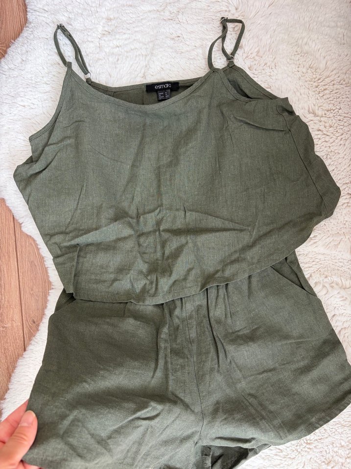 Yeşil Keten Mini Tulum - Görsel 5