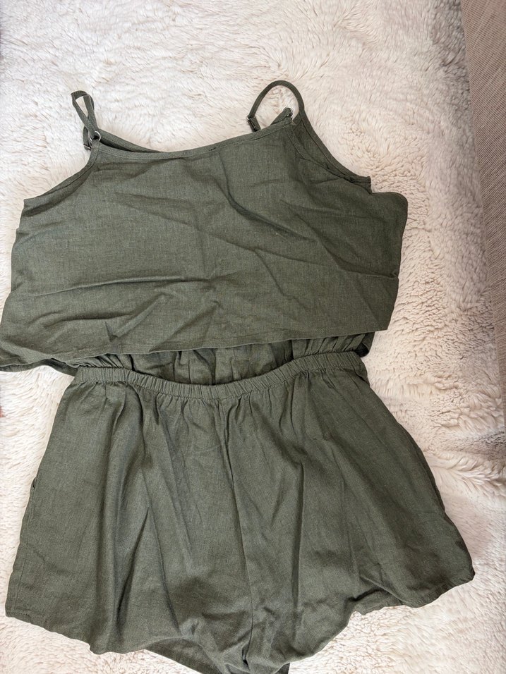 Yeşil Keten Mini Tulum - Görsel 4