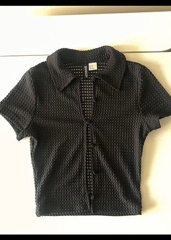H&M Düğmeli Siyah V Yaka Kısa Kollu Kadın Gömlek
