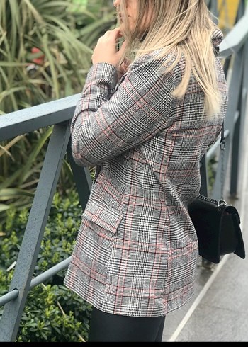 s Beden Ekose Desenli Gri Kadın Blazer