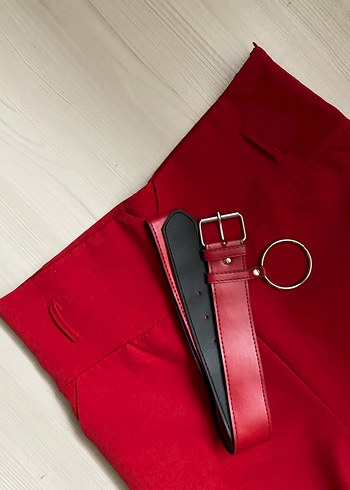 Kemerli süper yüksek bel Kırmızı Kadın pantolon - Görsel 2