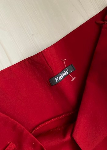 Kemerli süper yüksek bel Kırmızı Kadın pantolon - Görsel 3