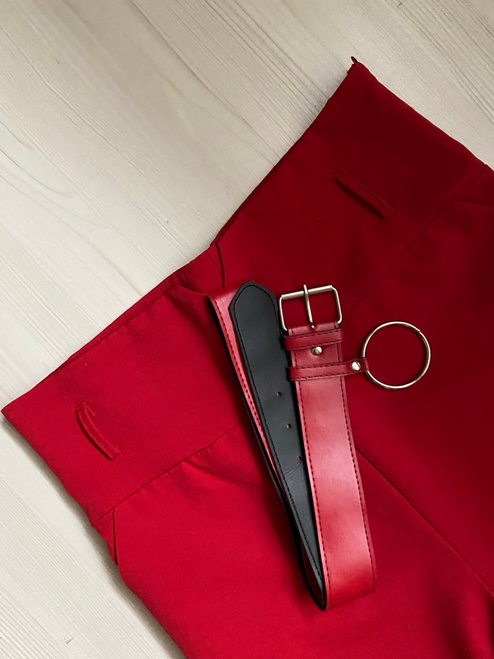 Kemerli süper yüksek bel Kırmızı Kadın pantolon - Görsel 2
