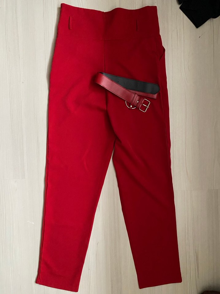 Kemerli süper yüksek bel Kırmızı Kadın pantolon - Görsel 5