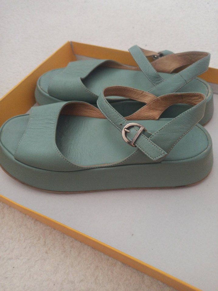 Turkuaz Tokalı Dolgu Topuk Kadın Sandalet - Görsel 3