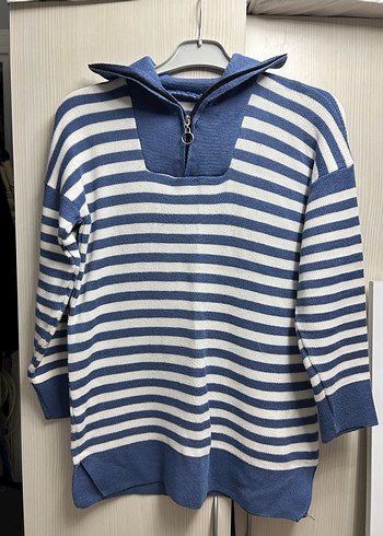 Çizgili Yarım Fermuarlı Kadın Triko Sweatshirt - Görsel 2