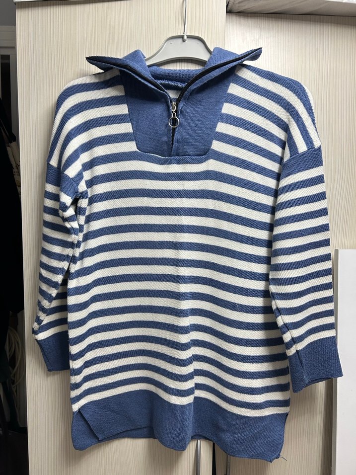 Çizgili Yarım Fermuarlı Kadın Triko Sweatshirt - Görsel 2