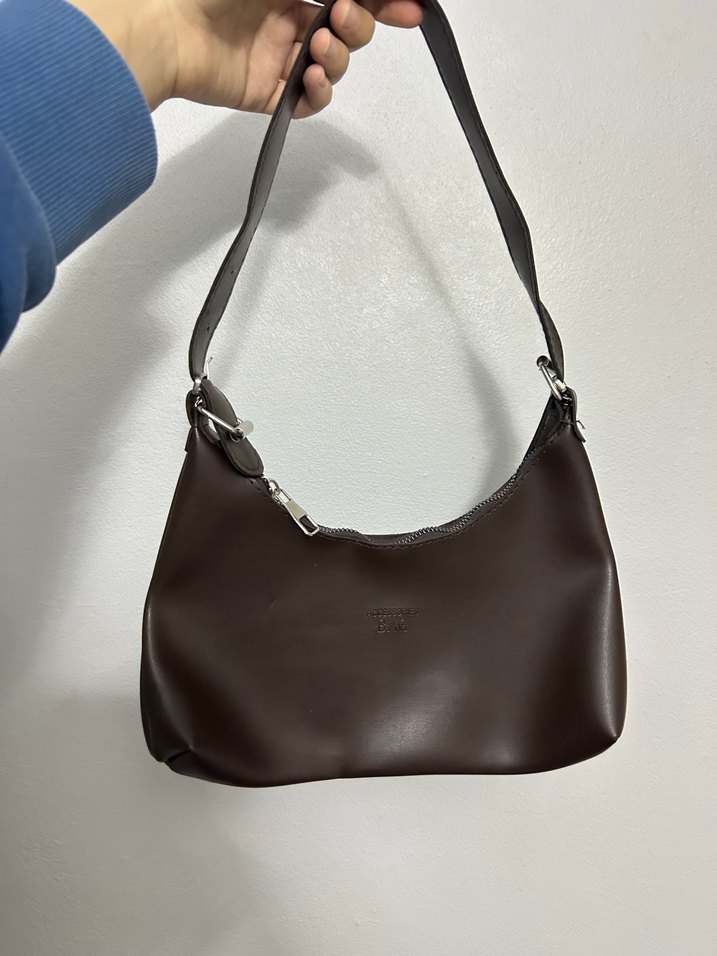 Kahverengi Deri Kadın El Çantası-lacivert bambu şal - Görsel 3