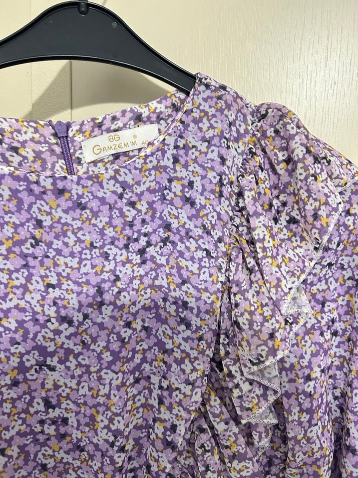 Mor Uzun Kollu Volanlı Bohem Elbise - Görsel 2