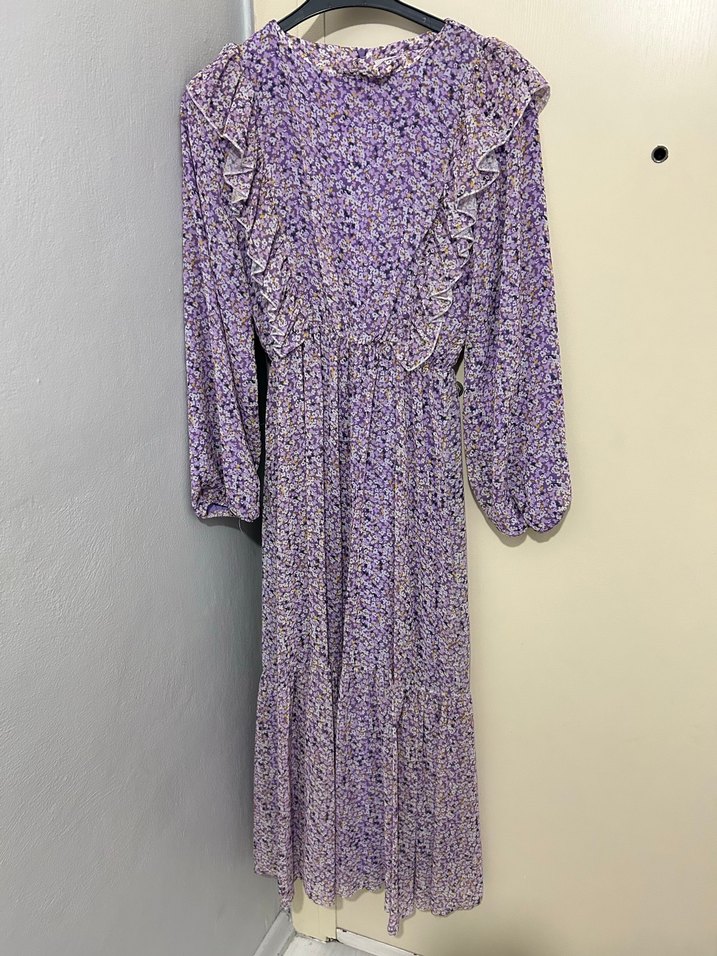 Mor Uzun Kollu Volanlı Bohem Elbise - Görsel 3