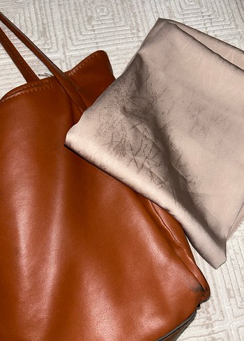 Kahverengi Deri Kadın Çanta krem şal - Görsel 2