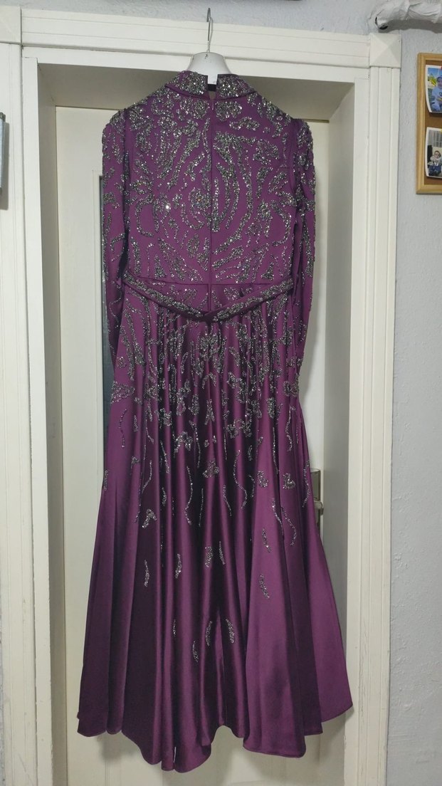 Mor Uzun Kollu Drapeli Kiralık abiye - Görsel 3