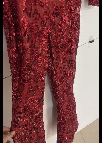 KIRMIZI PUL PAYET İŞLEMELİ DANTEL TULUM - Görsel 5