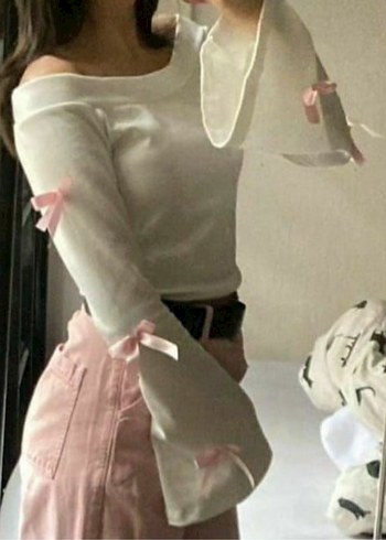 Zara Uzun Kollu Beyaz Mini Bluz, Fiyonk Detaylı