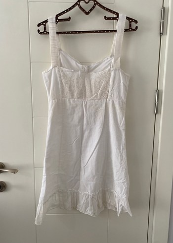 American Vintage Dantel Detaylı Beyaz Keten Midi Elbise