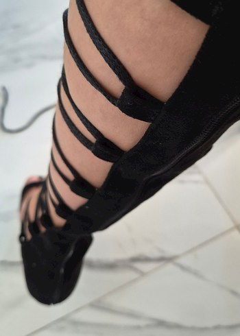 36 Beden Siyah Bağcıklı gladyatör Süet Stiletto çizme
