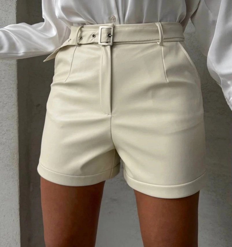 Kemerli Deri Şort  Krem - Görsel 2