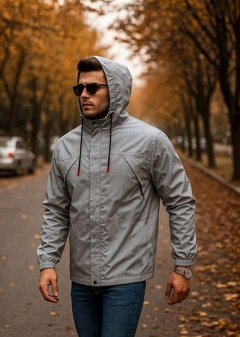 Columbia Erkek Gri Kapüşonlu Fermuarlı Denim Ceket