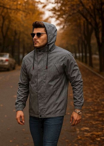 Erkek Gri Kapüşonlu Fermuarlı Denim Ceket