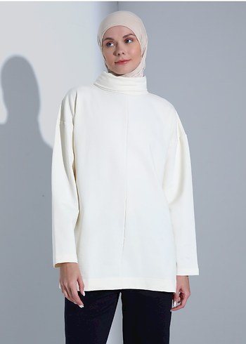 Beyaz Kadın Yüksek Yakalı Salaş Tunik - Görsel 3