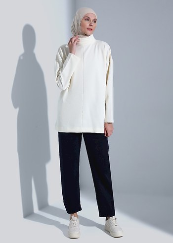 Beyaz Kadın Yüksek Yakalı Salaş Tunik - Görsel 2