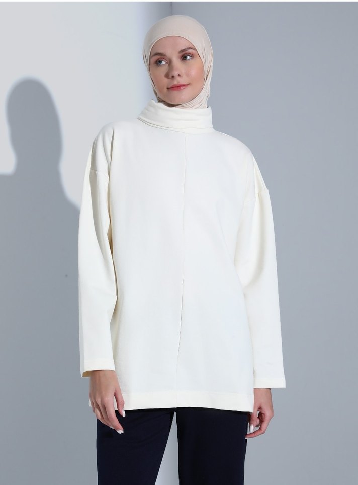 Beyaz Kadın Yüksek Yakalı Salaş Tunik - Görsel 3