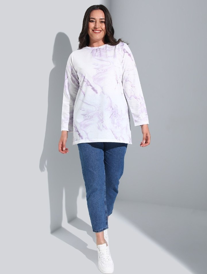 Beyaz Lila Batik Desenli Tunik - Görsel 3